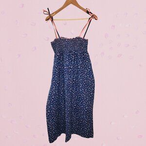 Vintage 1970s Blue Floral Sundress w Pink Accents